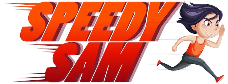 Vecteur gratuit conception de texte de logo speedy sam avec une fille en cours d'exécution