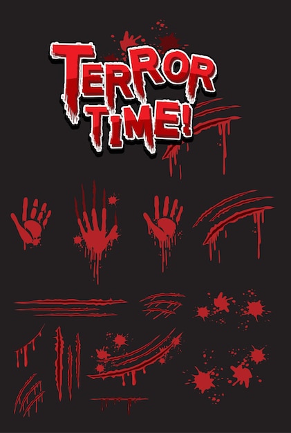 Vecteur gratuit conception de texte terror time avec des empreintes de mains sanglantes