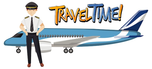 Vecteur gratuit conception de typographie travel time avec un pilote en style cartoon