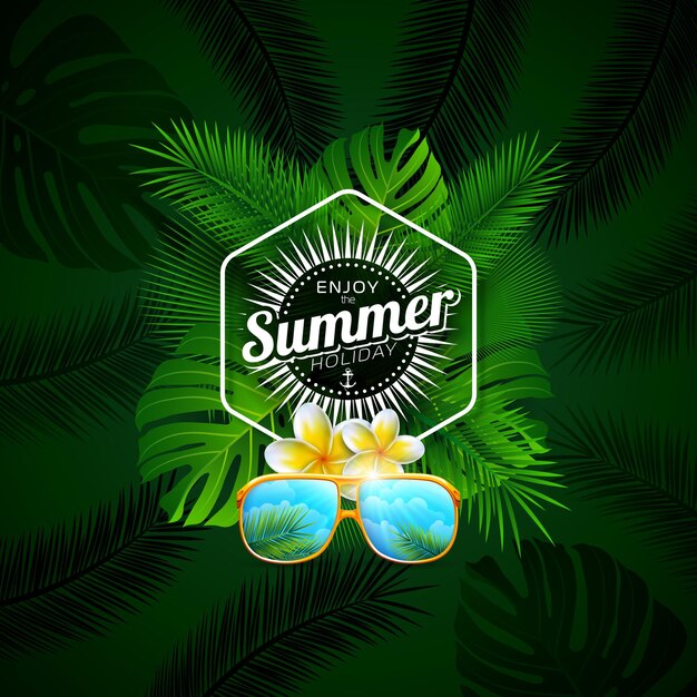 Conception de vacances d'été avec des lunettes de soleil et des fleurs tropicales et des feuilles de palmier sur fond vert foncé