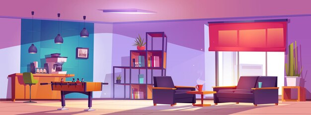 Conception de vecteur de dessin animé de salle de sous-commission de bureau Intérieur créatif de zone de pause de salon pour la jeune communauté en arrière-plan de coworking Clinique moderne espace de détente et de loisirs avec fauteuil de football et canapé