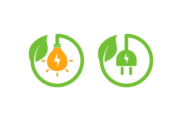Conception de vecteur de symbole d'icône de prise électrique verte eco avec feuille. signes d'icônes d'énergie verte écologique avec forme d'ampoule.