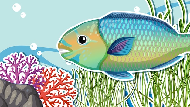 Vecteur gratuit conception de vignette avec poisson perroquet dans la mer