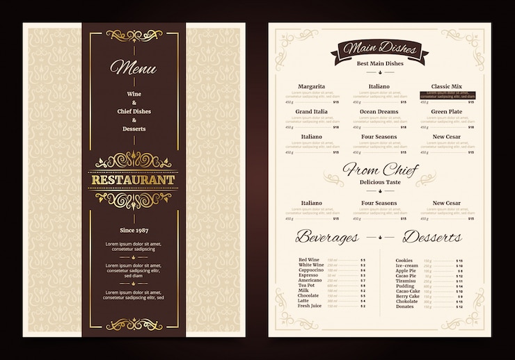 Vecteur gratuit conception vintage de menu de restaurant avec cadre orné et chef ruban plats boissons boissons