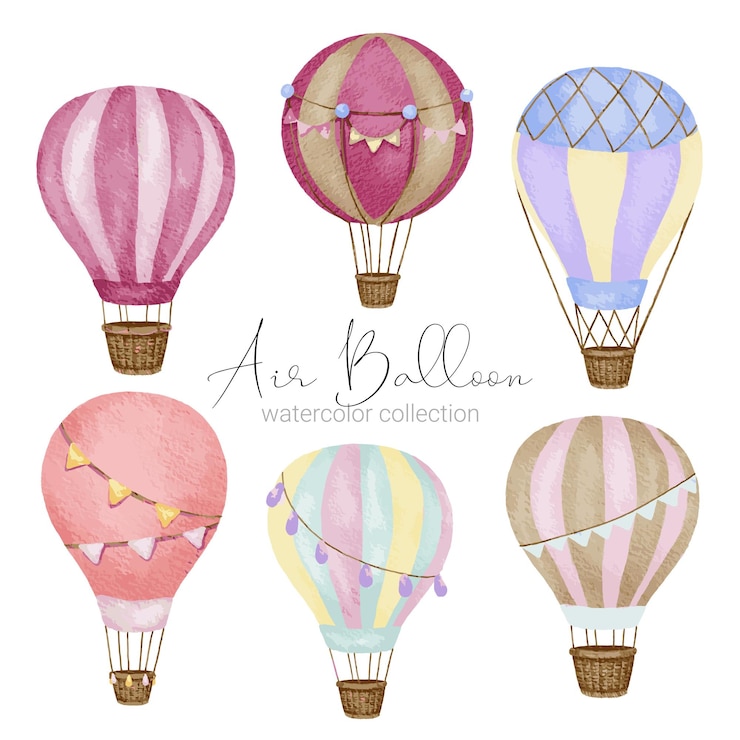 Vecteur gratuit conceptions de ballons à air chaud dans divers styles d'aquarelle pour les graphistes à utiliser pour les sites web cartes d'invitation mariages félicitations anniversaires célébrations impression et publications sur tissu