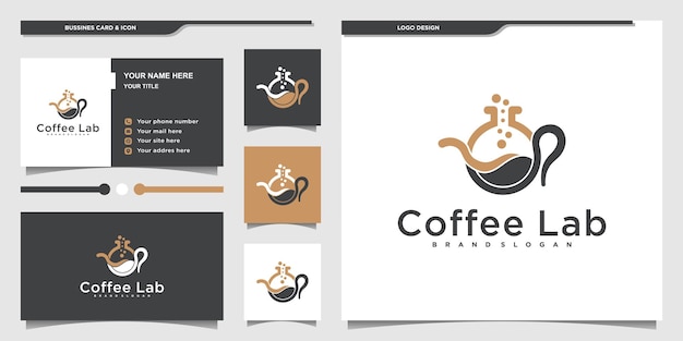 Conceptions de logo de laboratoire de café avec une forme de théière créative et une carte de visite vecteur premium