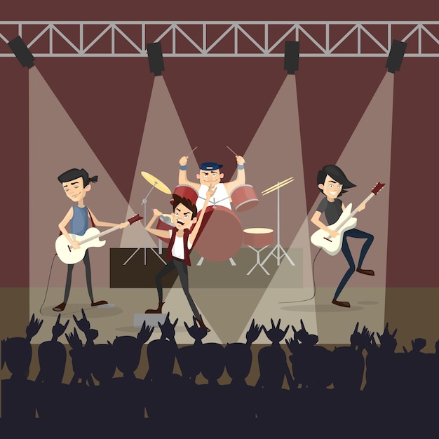 Concert de groupe de rock Drôle groupe heureux et public
