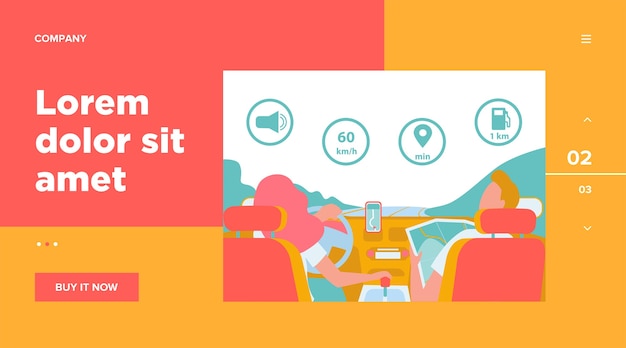 Vecteur gratuit conducteur et passager naviguant sur la route dans la carte et l'application mobile.