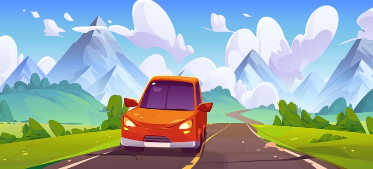 Vecteur gratuit conduire une voiture sur une route de montagne sinueuse
