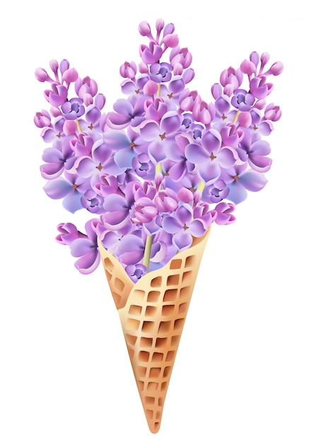 Vecteur gratuit cône de gaufre rempli de fleurs lilas.