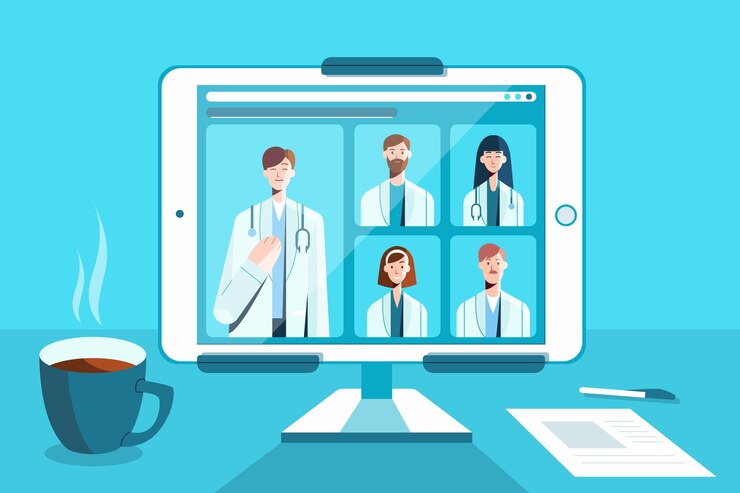 Vecteur gratuit conférence médicale en ligne avec tablette