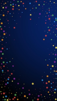Confettis adorables festifs. étoiles de célébration. joyeuses étoiles sur fond bleu foncé. modèle de superposition festive favorable. fond de vecteur vertical.