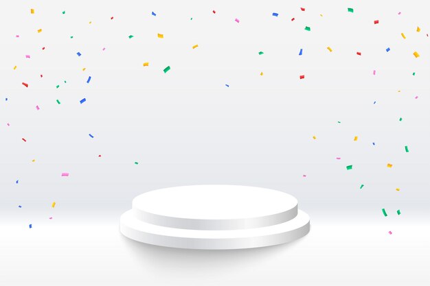 Confettis de célébration avec plate-forme podium sur fond blanc