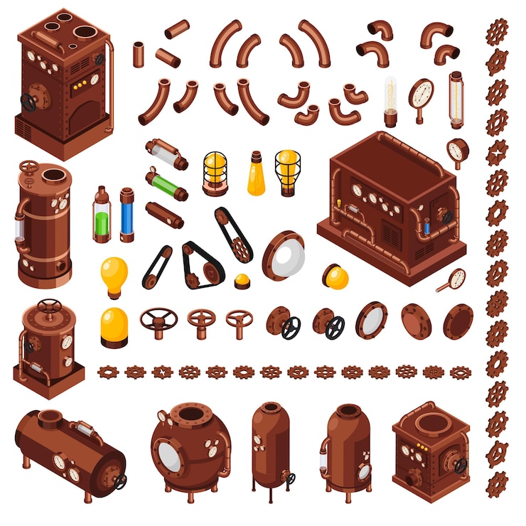 Vecteur gratuit constructeur d'art steampunk, collection isométrique d'éléments inspirés des machines à vapeur du xixe siècle