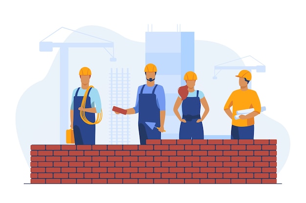 Vecteur gratuit constructeurs professionnels faisant un mur de briques. site, casque, illustration vectorielle plane constructeur. construction et ingénierie