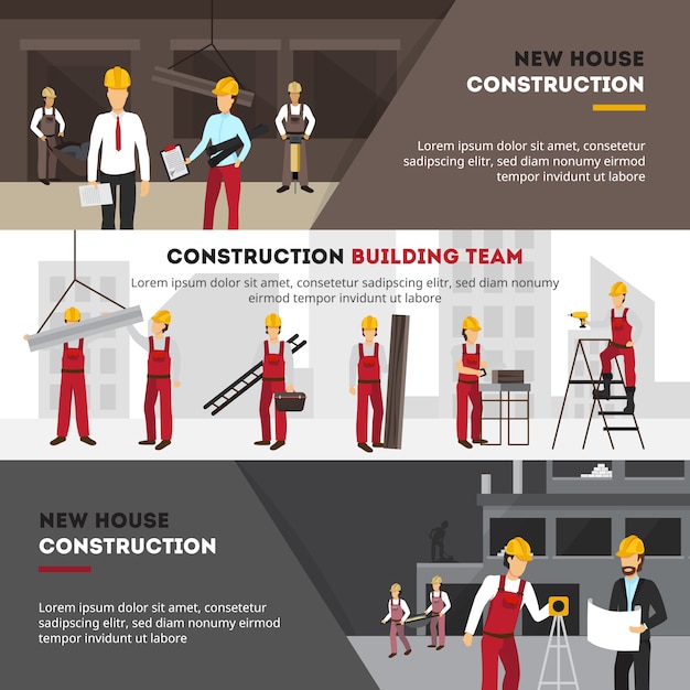 Construction De Bannières Horizontales Sertie De Symboles De Construction Plate Illustration Vectorielle Isolé