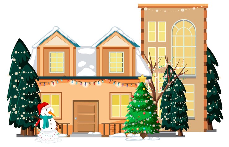 Vecteur gratuit construction de maisons couvertes de neige avec guirlande lumineuse de noël