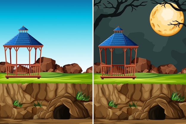 Construction D'un Parc Animalier Sans Animal Sur Fond De Jour Et De Nuit En Style Cartoon