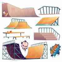 Vecteur gratuit constructions de skate park ou de rollerdrome pour les cascades de saut en skateboard