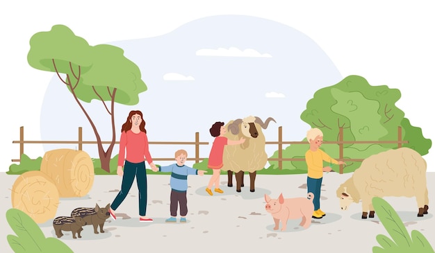 Vecteur gratuit contacter la composition plate de la ferme avec la famille passer du temps dans l'illustration de vecteur de dessin animé de parc animalier