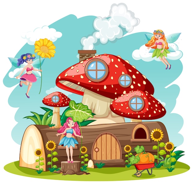 Vecteur gratuit contes de fées avec champignons et maison en bois style cartoon isolé sur fond blanc
