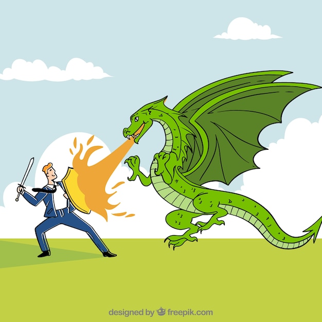 Vecteur gratuit contexte du personnage d'affaires se battre avec le dragon