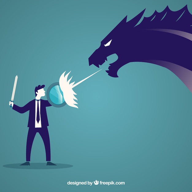 Vecteur gratuit contexte du personnage d'affaires se battre avec un dragon