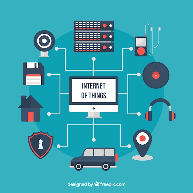 Contexte avec écran et éléments connectés à Internet