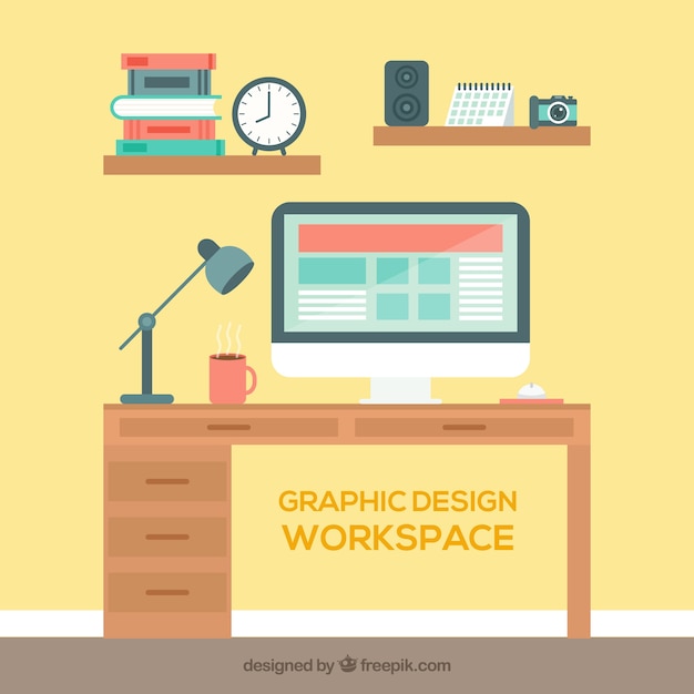Vecteur gratuit contexte de l'espace de travail graphique avec bureau et outils