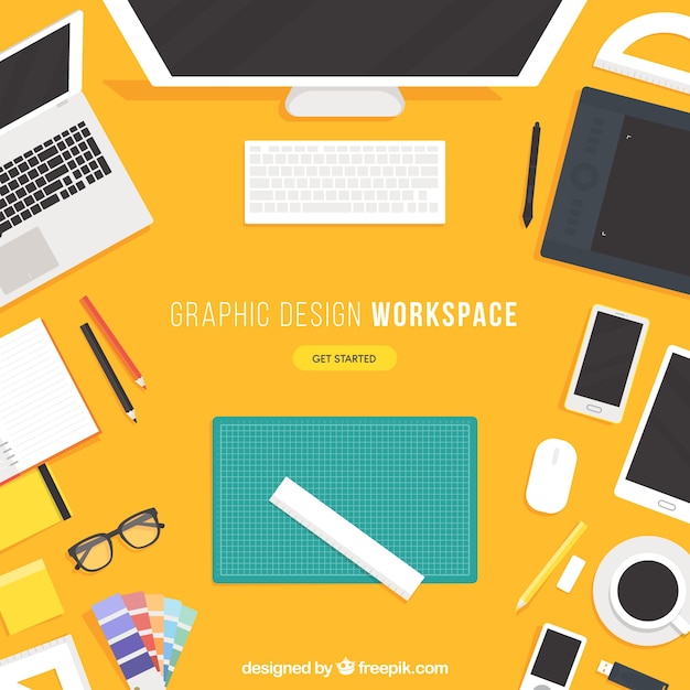 Vecteur gratuit contexte de l'espace de travail graphique avec bureau et outils