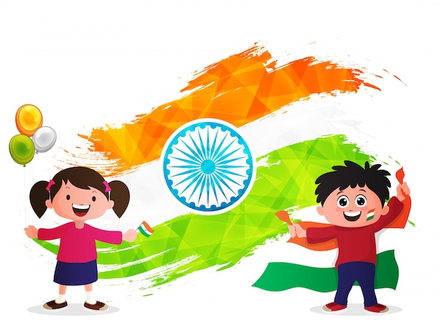 Contexte De La Journée De L'indépendance Avec Des Enfants Mignons Et Un Design Créatif Du Drapeau Indien Réalisé Par Des Traits Géométriques Abstrait.