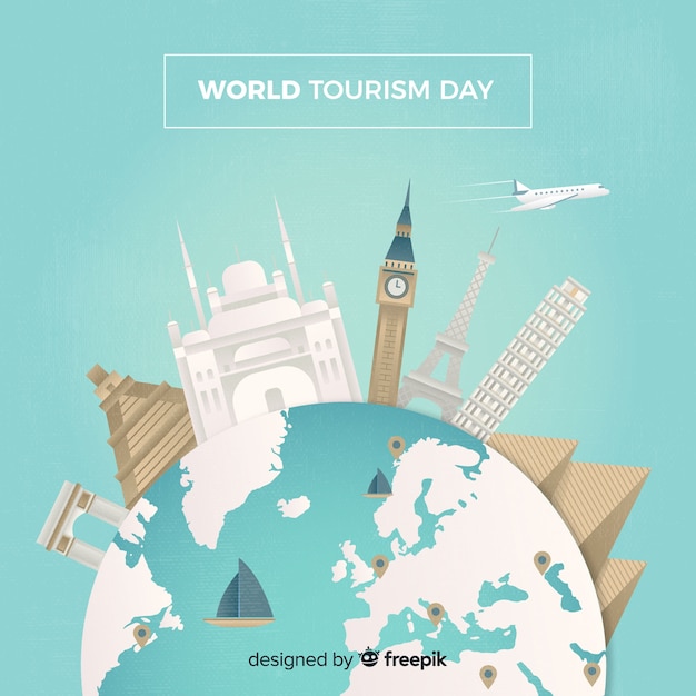 Vecteur gratuit contexte de la journée mondiale du tourisme avec des monuments autour de la terre