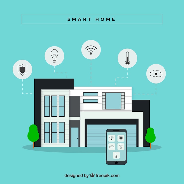 Vecteur gratuit contexte de maison intelligente avec contrôle de smartphone