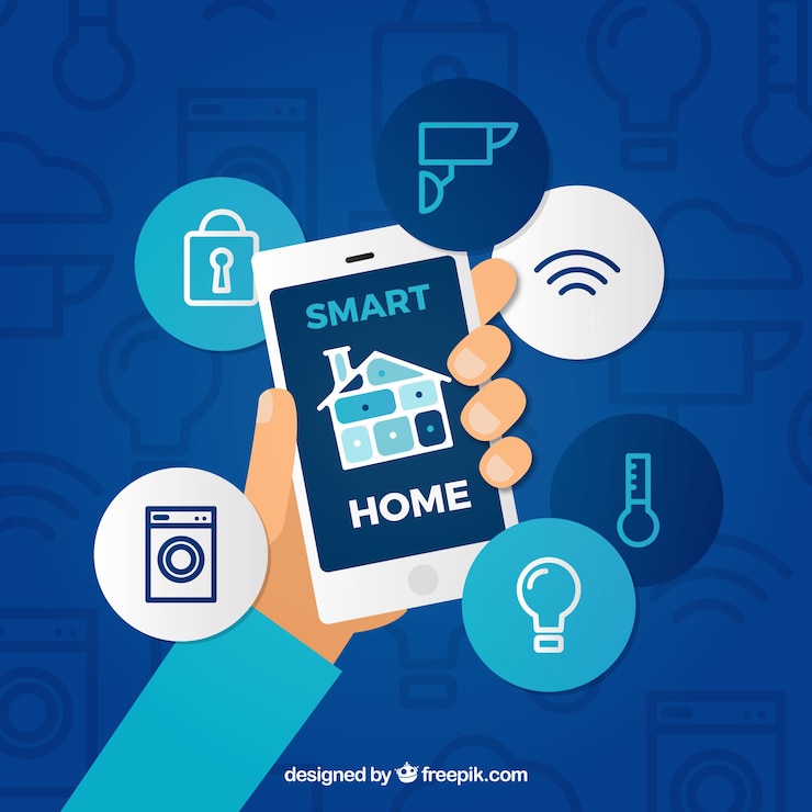 Vecteur gratuit contexte de maison intelligente avec contrôle de smartphone