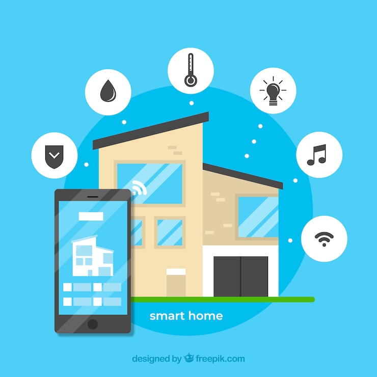 Vecteur gratuit contexte de maison intelligente avec contrôle de smartphone