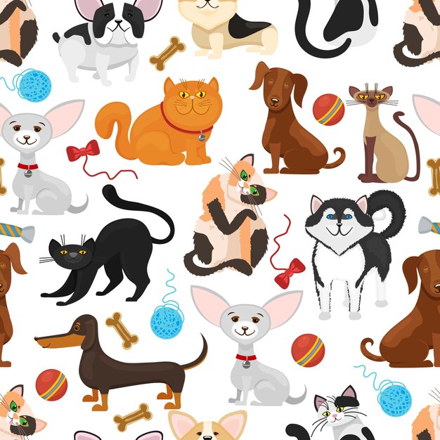 Contexte pour animaux de compagnie. Modèle sans couture de chiens et chats. Animaux chatons et chiots, animal de compagnie de race avec illustration de jouets