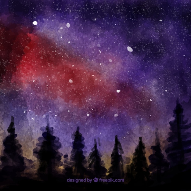 Contexte de silhouettes d&#39;arbres avec un ciel d&#39;aquarelle avec des étoiles
