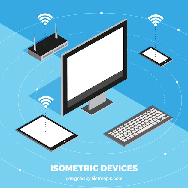 Vecteur gratuit contexte wifi avec appareils électroniques en conception isométrique