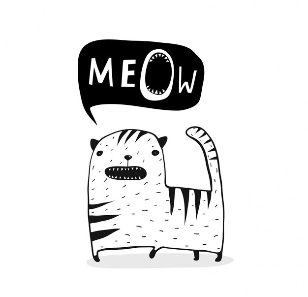 Contour De Chat Meow Noir Et Blanc Vecteur Premium