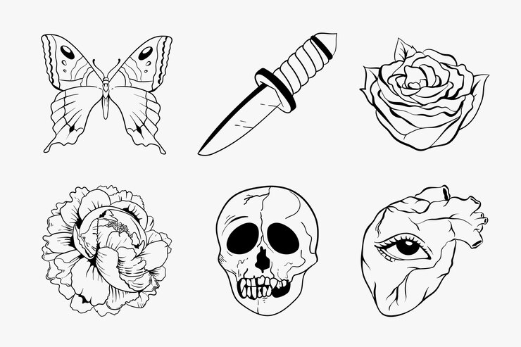 Vecteur gratuit contour noir et blanc collection de vecteurs de conception de tatouage flash old school
