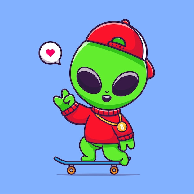 Cool Alien Playing Skateboard Cartoon Vector Icon Illustration. Science Sport Icône Concept Isolé Vecteur Premium. Style De Dessin Animé Plat