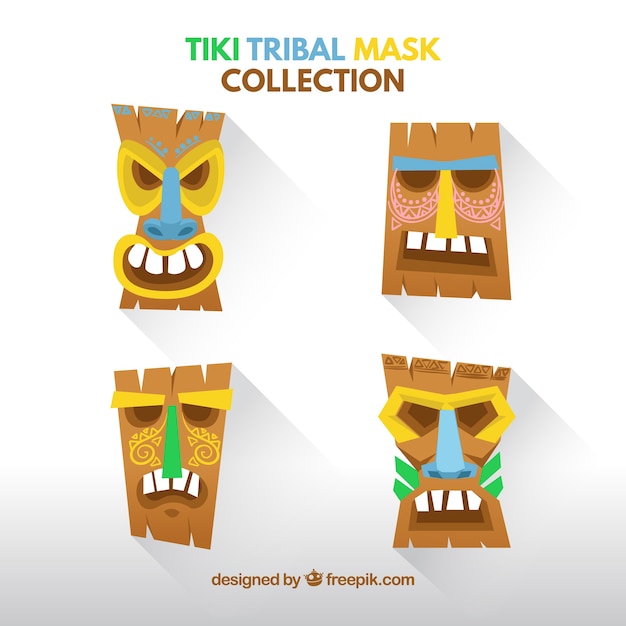 Vecteur gratuit cool pack avec une variété de masques tiki