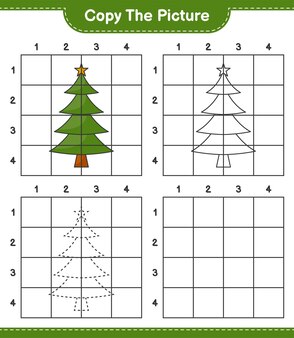 Copiez l'image, copiez l'image de l'arbre de noël en utilisant des lignes de quadrillage. jeu éducatif pour enfants, feuille de calcul imprimable, illustration vectorielle