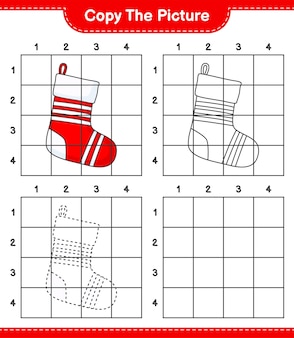 Copiez l'image, copiez l'image de la chaussette de noël en utilisant des lignes de grille. jeu éducatif pour enfants, feuille de calcul imprimable, illustration vectorielle