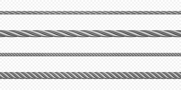 Vecteur gratuit corde en acier de corde de haussière en métal de différentes tailles câbles torsadés de couleur argentée ou cordes articles de couture décoratifs ou objets industriels ensemble isolé