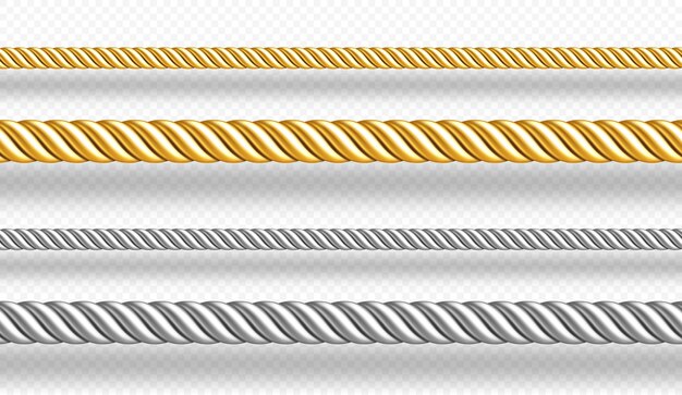 Cordes or et argent torsadées ficelles isolées sur mur blanc ensemble réaliste de d or et métal satin cordons décoration bordures de cordes de soie droites