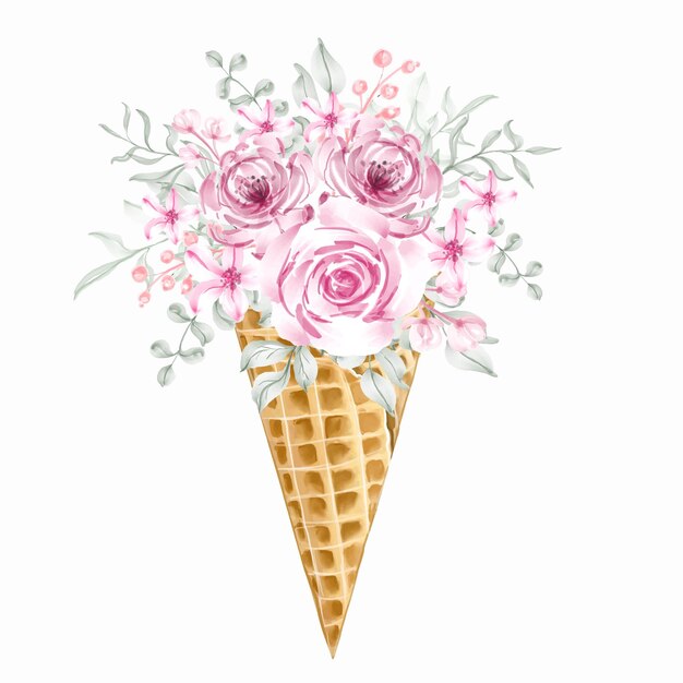 Cornet de crème glacée bouquet de fleurs sauvages roses