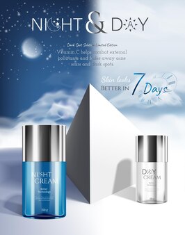 Cosmétique de jour et de nuit sur fond de ciel clair et sombre pour les produits cosmétiques de soins de la peau à la crème avec emballage 3d