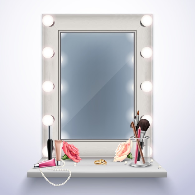 Cosmétiques miroir de maquillage et bijoux pour illustration vectorielle de composition réaliste mariée