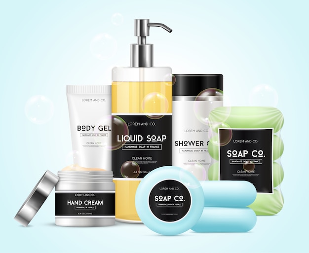 Vecteur gratuit cosmétiques réalistes sertie de savon crème et illustration vectorielle de gel douche